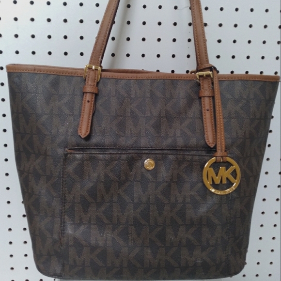 Michael Kors Jet Set Logo Tote Women's Bags Snap-Pocket Brown MK Monogram - Picture 1 of 12